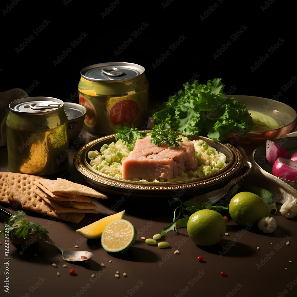 Poster canned tuna served with crackers and a selection of fresh vegetables on a simple minimalist table se