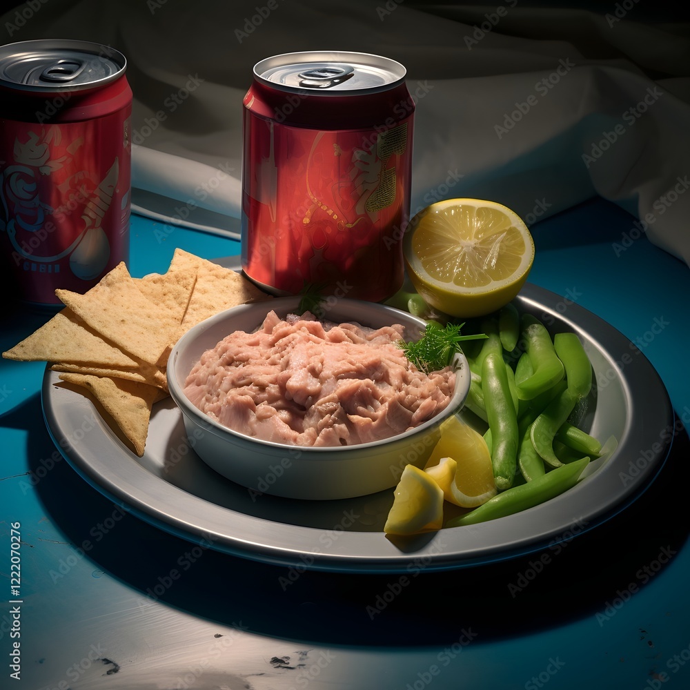 Poster delicious and nutritious tuna meal with crackers and an assortment of fresh colorful vegetables serv