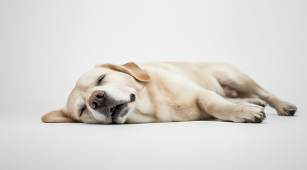 A golden retriever dog lying down, with a happy expression, against a white background, in a front view, in a real photo style.