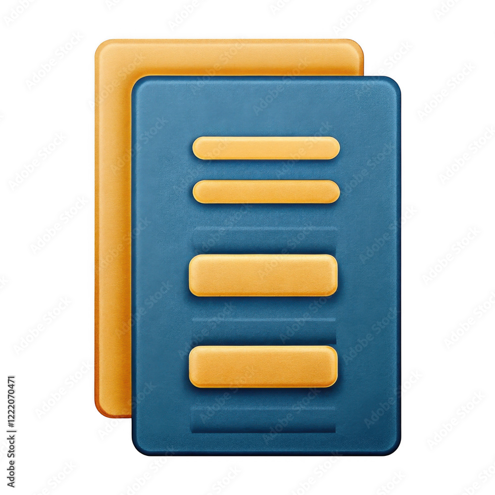 Poster two rectangular shapes, one orange and one blue, stacked with horizontal lines, suggesting a modern 