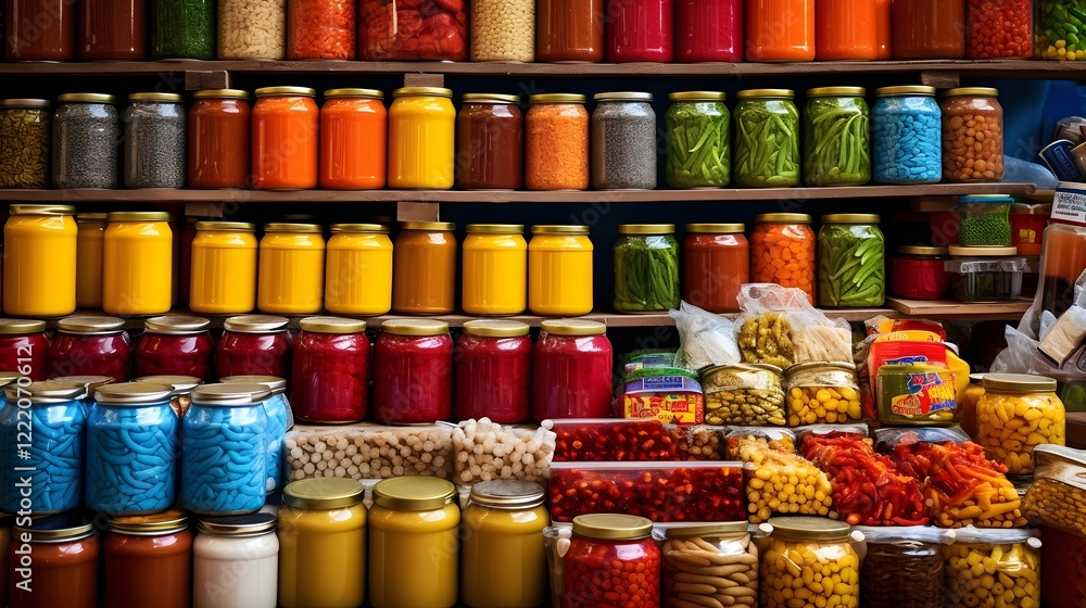 Aufkleber vibrant and visually appealing market stall showcasing a diverse assortment of colorful canned goods