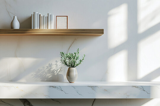 Office interior backdrop for online meetings. Light home office setting bookshelves background with succulent plants. Minimalist online workspace aesthetics. Room design with window shadow drop.