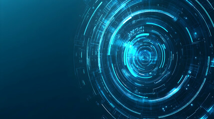Futuristic tech interface, blue circles, digital data, dark background, website banner