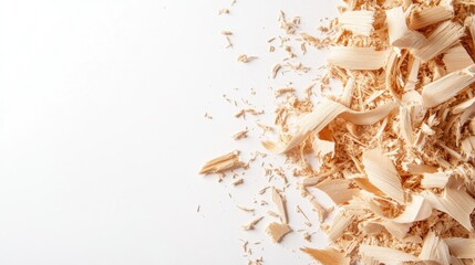 Light and Fine Wood Shavings on White Surface, Perfect for Crafts and Woodworking Projects, Showing Textures and Natural Elements of Raw Timber