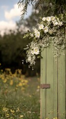 Rustic Green Door Spring Flowers Background