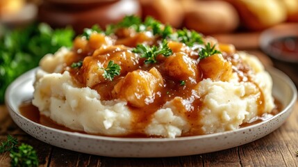 Creamy mashed potatoes topped with savory gravy and tender meat chunks, garnished with fresh parsley.