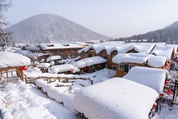 Full of fluffy snow at China Snow town in winter