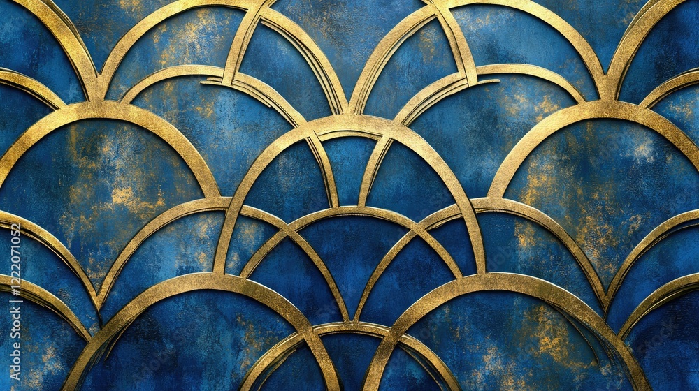 Poster elegant background of gold and blue with intricate arc patterns and textured finish for use in desig