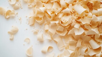 Light Wood Shavings and Chips Spread Across White Surface, Crafting Material and DIY Workshop Elements for Furniture Making and Artisan Projects