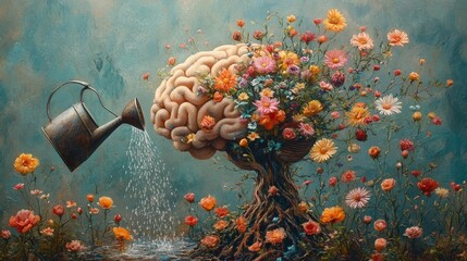 Surreal artistic scene of a brain growing flowers watered by a rustic watering can. Generative AI