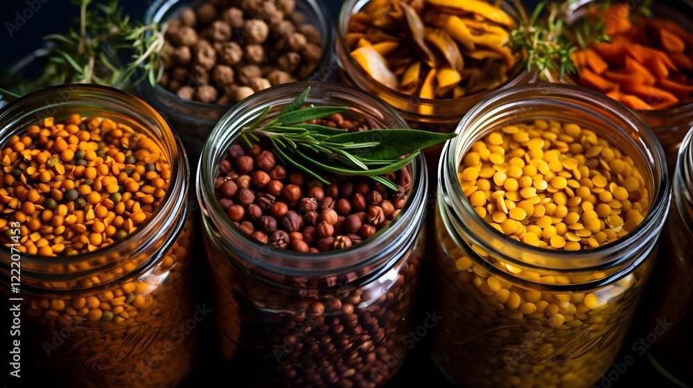 Poster a vibrant and appetizing flat lay photograph showcasing an assortment of canned lentils and an array