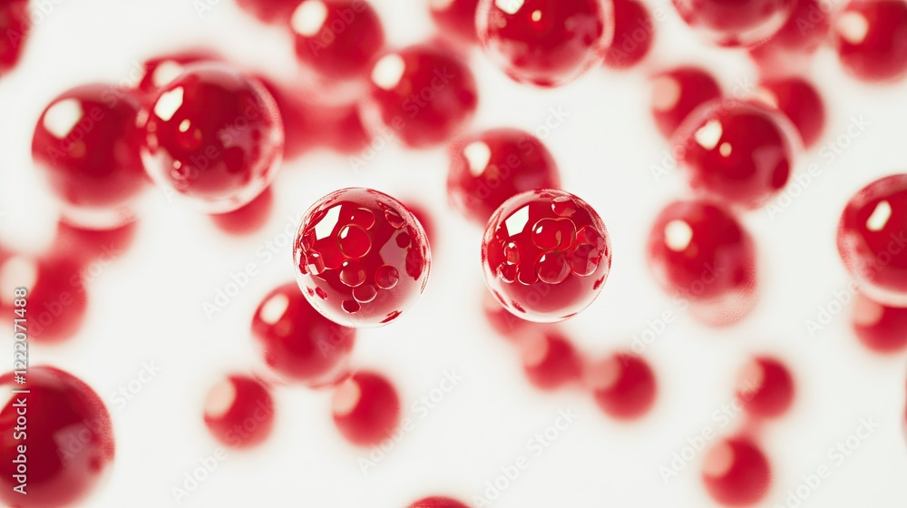 Poster close-up view of floating red spheres with a glossy surface and intricate patterns, perfect for scie