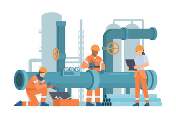 Oil and Gas Industry Workers Maintaining and Repairing Pipelines. Fully Editable Elements, Easy to Customize