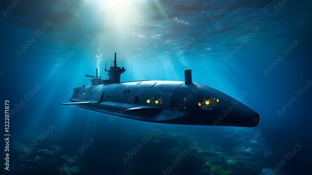 Poster a sleek modern submarine gliding effortlessly through the deep blue ocean its streamlined design and