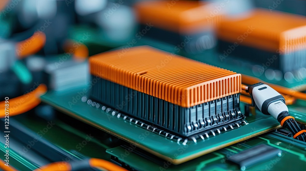 Poster green energy concept. close-up of a microchip and circuit board showcasing advanced electronics.