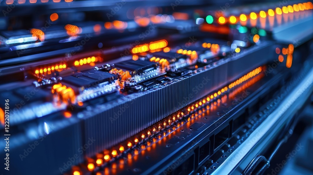 Aufkleber renewable energy idea. close-up view of glowing servers and electronics in a data center.