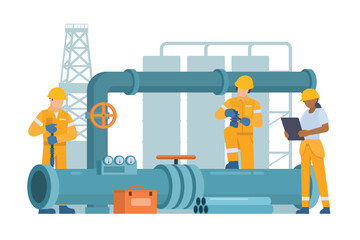 Oil and Gas Industry Workers Maintaining and Repairing Pipelines. Fully Editable Elements, Easy to Customize
