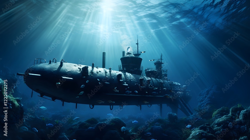 Poster dramatic underwater view of a submerged submarine navigating through the depths of a deep blue ocean
