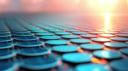 Obraz premium Green energy concept. Close-up view of solar panels reflecting sunlight during sunset for sustainable energy.