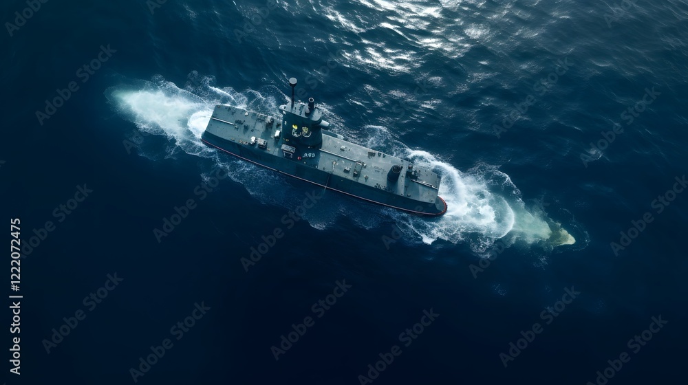 Poster a digital rendering of a submarine navigating the open sea with a surreal and abstract aesthetic the