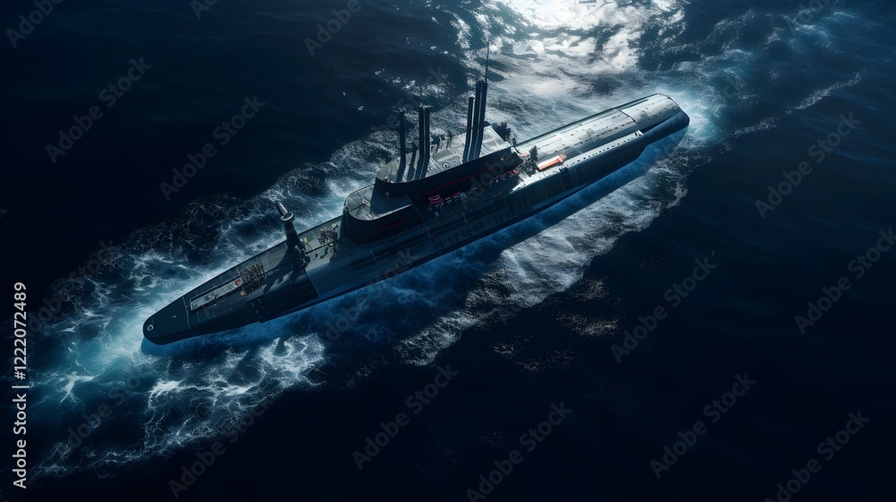 Poster a bird s eye view of a submarine gracefully navigating the vast and open expanse of the sea showcasi