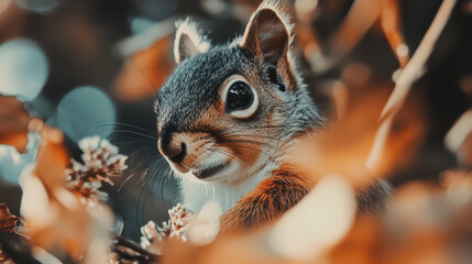 A zoomed-in photograph of a squirrel peering into the camera lens, its fur vibrant in warm autumnal hues