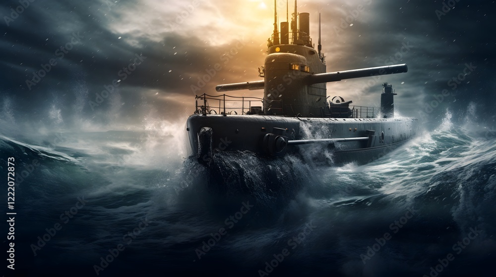Poster dramatic scene of a submarine powerfully emerging from the ocean waves creating a massive splash and