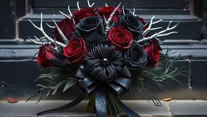A gothic-inspired bouquet of deep red and black roses, silver thorns, and dark greenery, tied with a black leather ribbon, set against a dark stone wall.