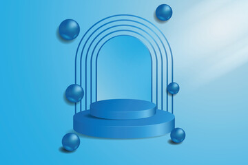 Realistic blue 3D level cylindrical podium background with blue ball, window view blue background. Minimalist pedestal mockup, Abstract product display presentation, Showcase stage. Vector design.