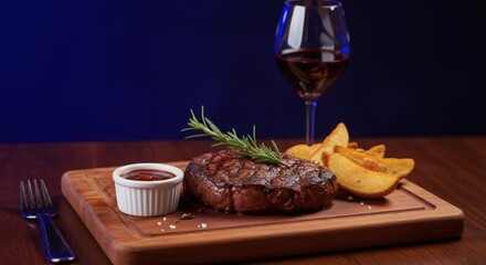 Juicy Grilled Steak Dinner with Potatoes and Red Wine