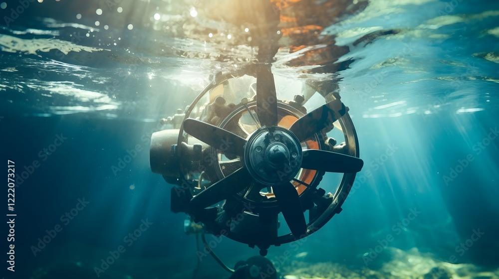 Poster a close up view of a submarine s propeller mechanism submerged underwater revealing the intricate en