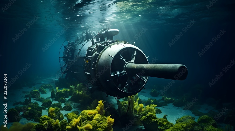 Poster submerged propeller a captivating close up view of the intricate mechanics powering submarine and un