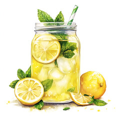 Refreshing Summer Lemonade:  A watercolor illustration of a refreshing glass of lemonade, perfect for summer.  The jar is filled with ice, lemon slices and sprigs of mint.