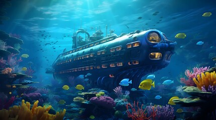 Fototapeta premium Submarine Navigating the Vibrant Coral Reef Underwater Landscape Exploring the Diverse Marine Ecosystem and Capturing the Beauty of the Deep Sea