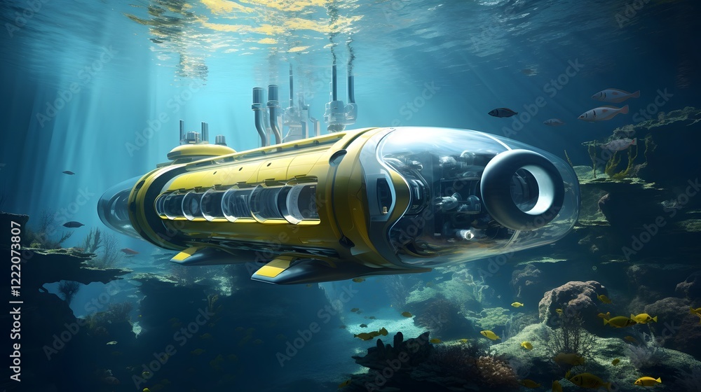 Poster futuristic submarine concept design in stunning 3d rendering explore the depths with this innovative