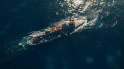 Aerial view of a submarine navigating along a coastal shoreline with waves and the horizon visible in the distance  The submarine is exploring the marine environment
