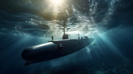 Obraz premium Dramatic 3D rendered scene of a submarine firing a powerful missile underwater during a military combat or naval warfare scenario