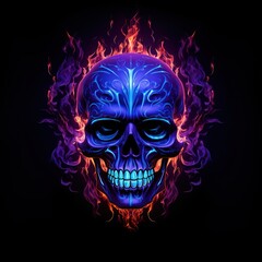 Neon skull fire purple black background illuminated.