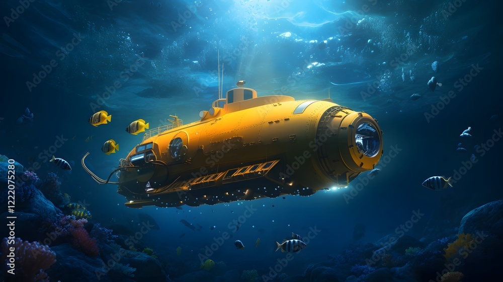 Poster submarine gradually emerging from the ocean depths with a trail of bubbles trailing behind as it asc