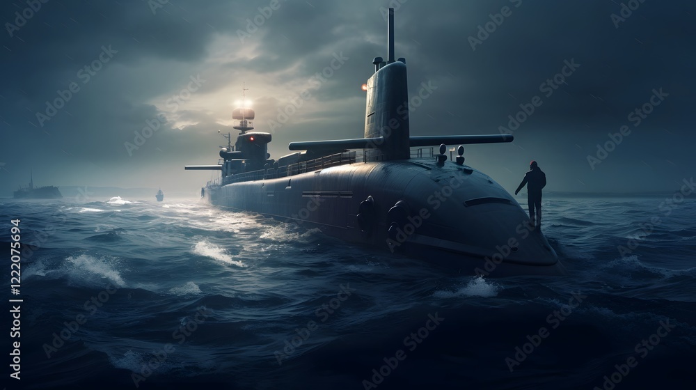 Poster a scene depicting a submarine maneuvering underwater and communicating with a naval surface ship usi