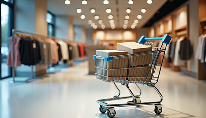 Clean modern setup with shopping cart containing minimal contents in sleek retail store with soft lighting