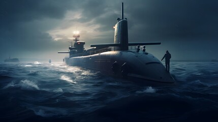 A scene depicting a submarine maneuvering underwater and communicating with a naval surface ship using various electronic and communication equipment and signals