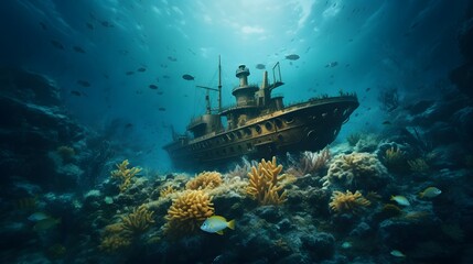 Submarine Exploring a Sunken Shipwreck on the Ocean Floor An Underwater Adventure Revealing Secrets of the Deep Sea and Bygone Eras
