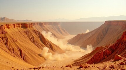 Naklejka premium Arid Canyon Landscape with Dust Trails Created by Off-Road Vehicle