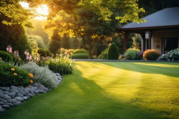 Fototapeta premium Beautiful manicured lawn flowerbed landscape outdoors.