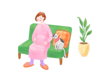 部屋でソファに座っている妊婦の女性と猫のイラスト
