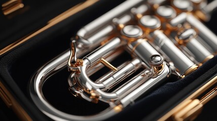 Naklejka premium Close-up of a silver trumpet in its case.