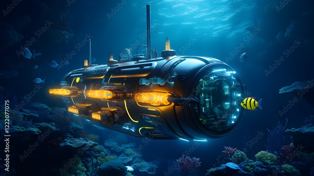 Poster a futuristic and advanced submarine with glowing lights navigates the mysterious and unexplored dept