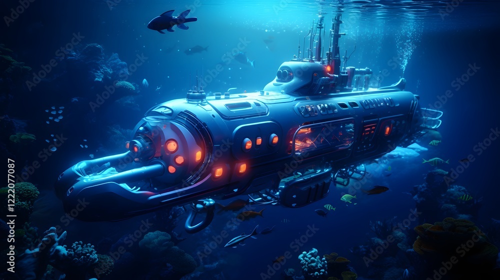 Poster a high tech submarine equipped with glowing lights navigates the mysterious and enchanting deep ocea
