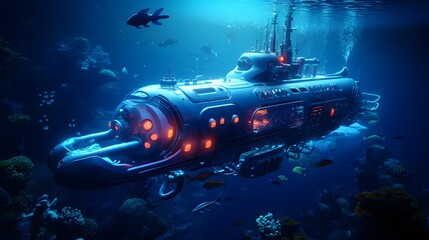 Fototapeta premium A high tech submarine equipped with glowing lights navigates the mysterious and enchanting deep ocean showcasing the latest advancements in underwater and engineering
